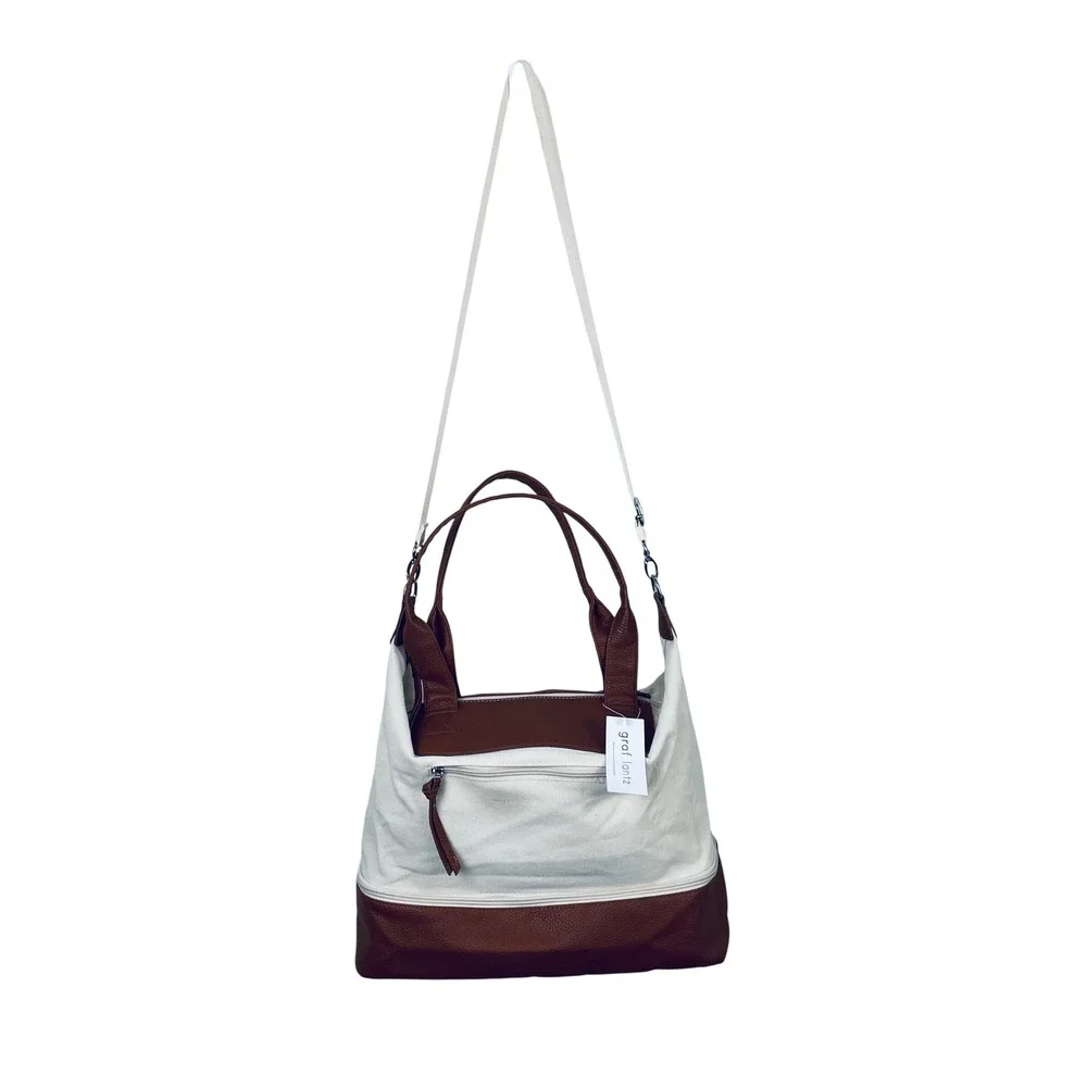 Graf‎ Lantz Canvas Leather Tote Bag Brown White Convertible Shoulder Bag NWT